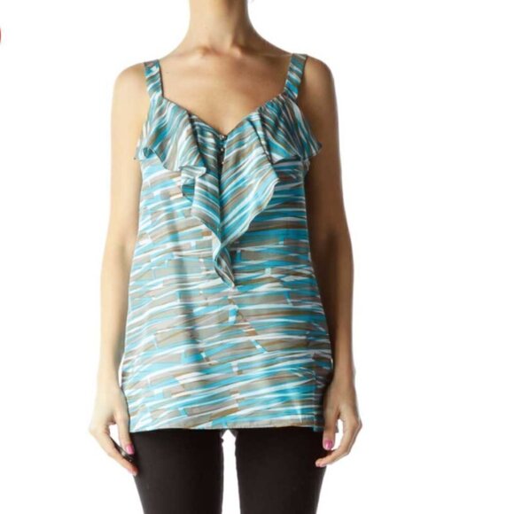 Banana Republic Blue Stripe Print Ruffled Silk Top - Picture 1 of 3